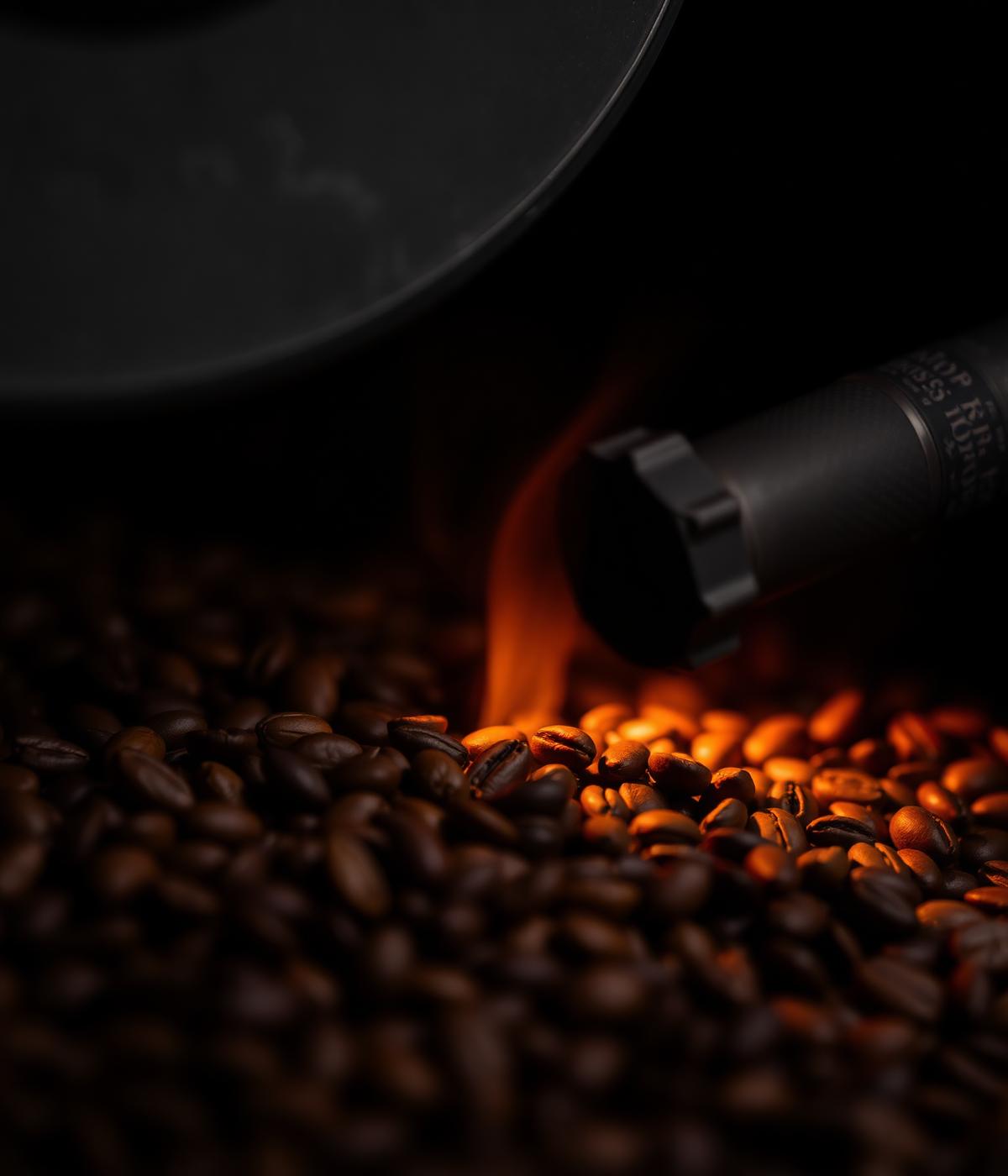 Beans in the roaster under warm light
